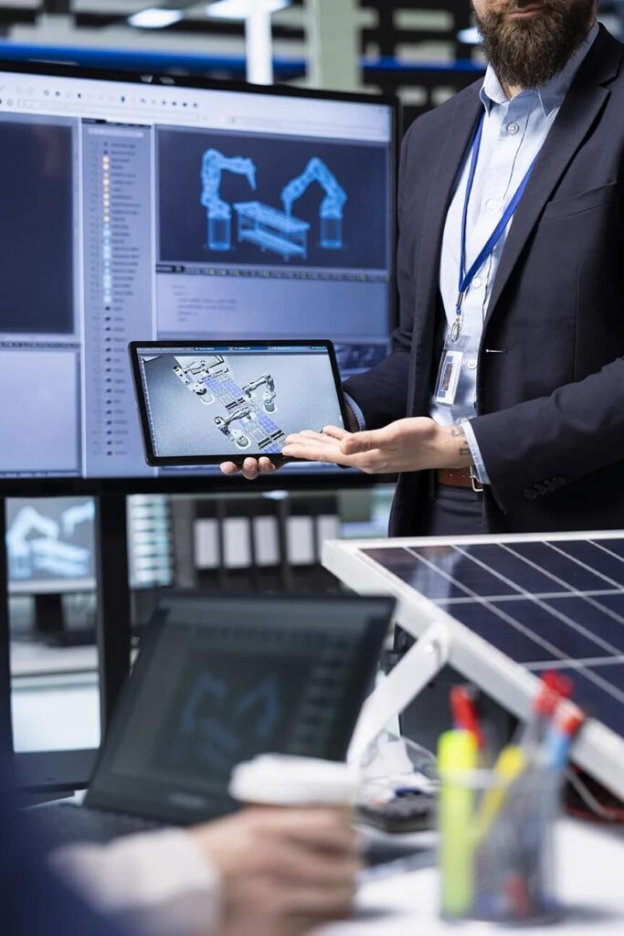 Zdjęcie przedstawia nowoczesne biuro, w którym trwa prezentacja cyfrowego modelu mechanicznego. Mężczyzna w eleganckim stroju — granatowej marynarce i błękitnej koszuli — pokazuje na tablecie trójwymiarowy projekt maszyny. W tle widać duży monitor z oprogramowaniem, na którym wyświetlone są techniczne rysunki. Na biurku znajdują się laptop, przybory biurowe oraz panel słoneczny, co sugeruje zainteresowanie technologiami odnawialnymi. 