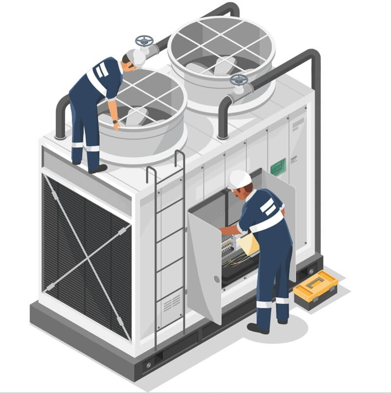 Grafika przedstawia pracę dwóch techników serwisujących przemysłową jednostkę chłodniczą z wentylatorami.