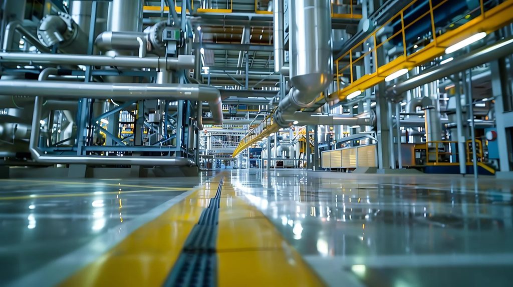 Na zdjęciu widać nowoczesny zakład przemysłowy z rozbudowaną instalacją techniczną. W przestrzeni hali znajdują się liczne rurociągi, przewody, zbiorniki, urządzenia technologiczne i elementy infrastruktury przemysłowej. Widoczne są również żółte barierki i ciągi komunikacyjne zwiększające bezpieczeństwo pracy. Perspektywa z poziomu posadzki podkreśla rozmiar instalacji oraz jej złożoną strukturę. Zdjęcie dobrze ilustruje infrastrukturę przemysłową i systemy technologiczne stosowane w zakładach produkcyjnych.
